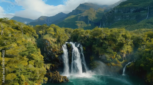 Majestic waterfall surrounded by lush green forest and towering mountains