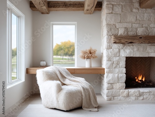 Cozy minimalist living room with a plush, white armchair, a rustic wood mantel above a stone fireplace, and large windows offering scenic views.