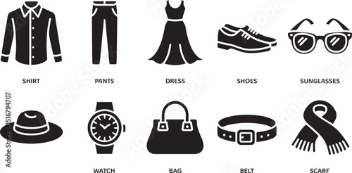 Flat Vector Icons of Clothing and Accessories on Background, Shirt, Pants, Dress, Shoes, Sunglasses, Hat, Watch, Bag, Belt, Scarf