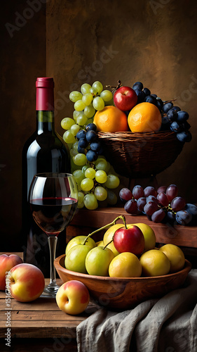 Still life of Italian fruits and wine on a wooden table, classical oil painting style with soft shadows and rich colors


