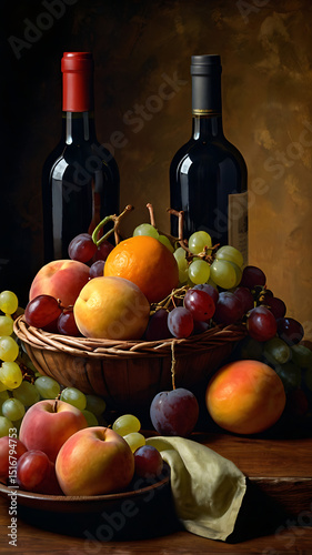 Still life of Italian fruits and wine on a wooden table, classical oil painting style with soft shadows and rich colors


