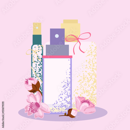 Perfume bottle with textured spray effect, with flowers, sakura. Ideal for packaging, cosmetic branding, cosmetics advertising and holiday promotions. Vector