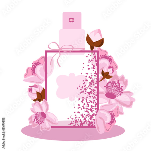 Perfume bottle with textured spray effect, with flowers, sakura. Ideal for packaging, cosmetic branding, cosmetics advertising and holiday promotions. Vector