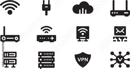 Flat Vector Network Icons on  Background Internet Connection Wireless Router Server Symbols