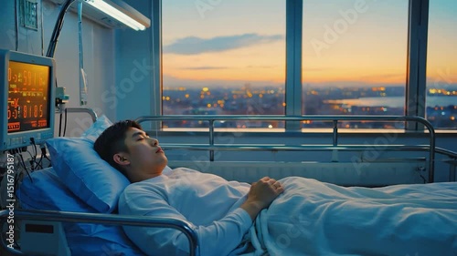 A patient resting in a hospital bed at sunset
