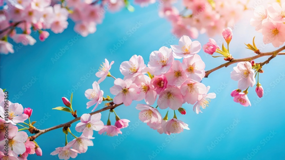 Obraz premium Delicate Pink Blossoms on a Branch Against a Vivid Blue Sky, a Stunning Springtime Image