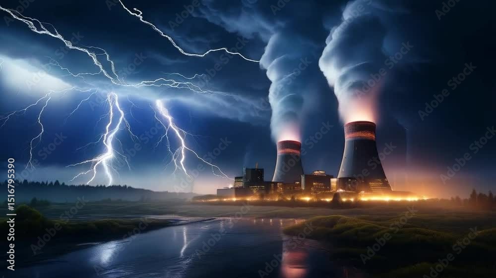 Ein Atomkraftwerk während eines heftigen Gewitters