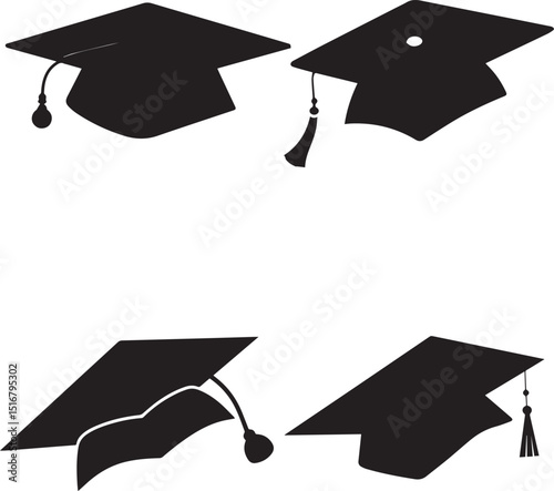 Silhouettes of Different Graduation Caps, Representing Education, Academic Achievement, and Graduation Ceremony