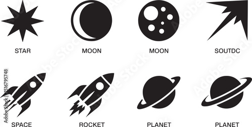 Monochrome Starry Night Icon Set Vector Illustration Space Exploration Astronomy Symbolism Isolated on  Background