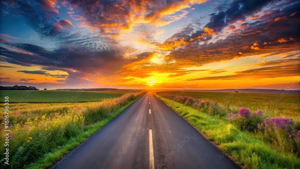 Naklejka premium Asphalt Road Through Vibrant Wildflower Meadows at Sunset, Leading Towards a Glorious Horizon