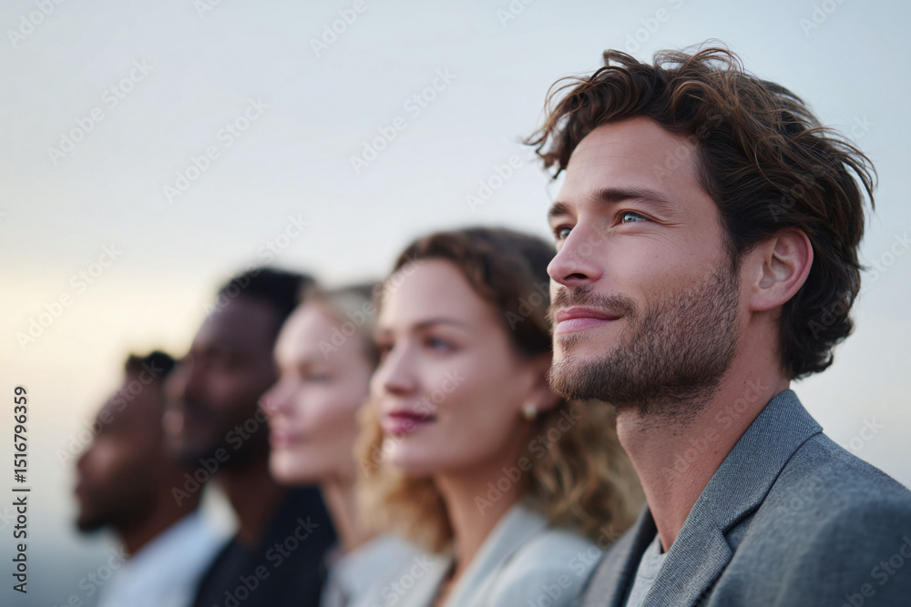 Diverse group looking forward, symbolizing vision, leadership, and future aspirations. Teamwork concept. Hope, optimism, success. Business, corporate, aspiration. Diverse group looking forward, symbolizing vision, leadership, and future aspirations. Teamwork concept. Hope, optimism, success. Business, corporate, aspiration.