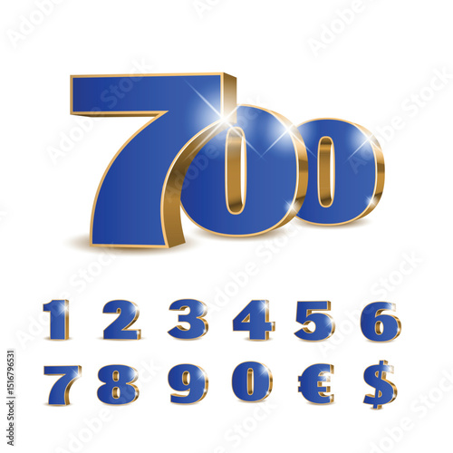 3d blue numbers with golden outline. Symbol set. Vector illustration