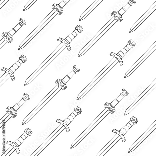 Diagonal seamless pattern featuring hand drawn gladius-style short swords. Outlined illustration in black and white, perfect for medieval-themed textile, coloring books or historical fantasy projects.