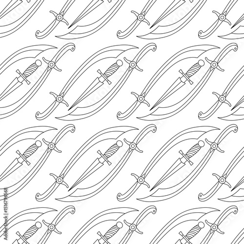 Diagonal seamless pattern with oriental scimitars and medieval daggers. Hand drawn black outline illustration in a dynamic composition. Great for coloring pages, textile print,  fantasy projects