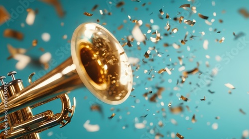 A shining golden trumpet releasing bursts of confetti, symbolizing celebration and joy, perfect for capturing the spirit of music festivals and festive gatherings.