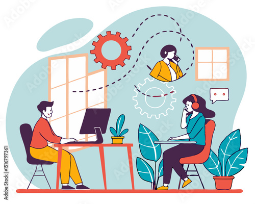 Creative illustration of online support, call center, communication. Vector concept for web banner, social media banner, business presentation, marketing material.