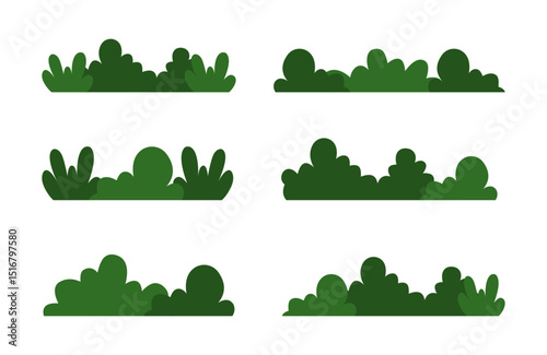 Set of Green Shrubs and Grass Bushes. Nature Elements Isolated on White. Vector Illustration for Landscape Design