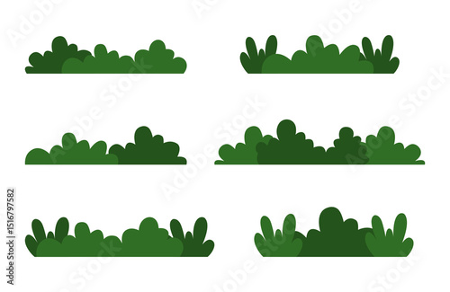 Green Bushes Collection. Set of Grass Bushes Isolated on White Background. Flat Nature Vector Illustration.