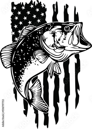 Bass fish, USA, vector illustration, freshwater fish, game fish, sport fishing, bass, aquatic animal, fish silhouette, wildlife art

