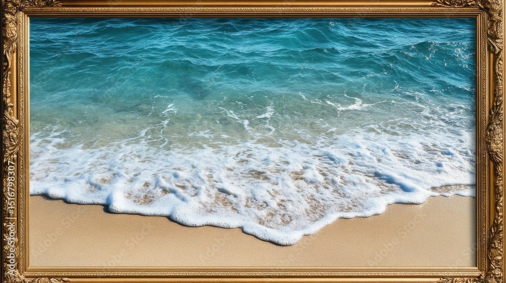 Obraz premium Serene ocean waves gently lapping on a sandy beach framed by a textured gold border Peaceful coastal scene