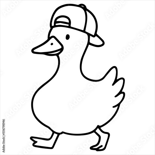 Ducky in the Cap: Whimsical line art features a charming duckling rocking a stylish cap, striding with playful confidence and a dash of modern flair. 