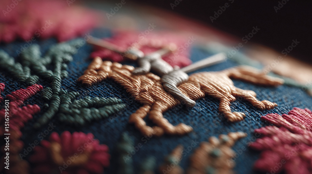Fototapeta premium Intricate macro of embroidered art, a knight atop a horse, showcasing skillful needlework and classic design. Ideal for historical, textile, or artisanal themes.