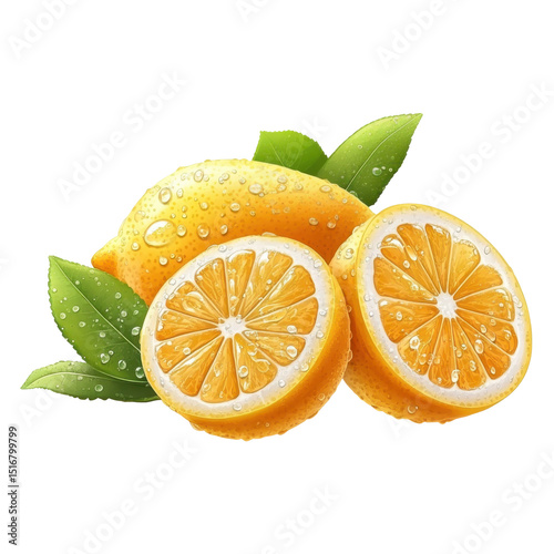 Fresh lemons with leaves and water drops on transparent background