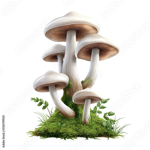 Cluster of white mushrooms growing on moss with transparent background