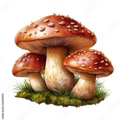 Three red-capped mushrooms growing in patch of moss on transparent background