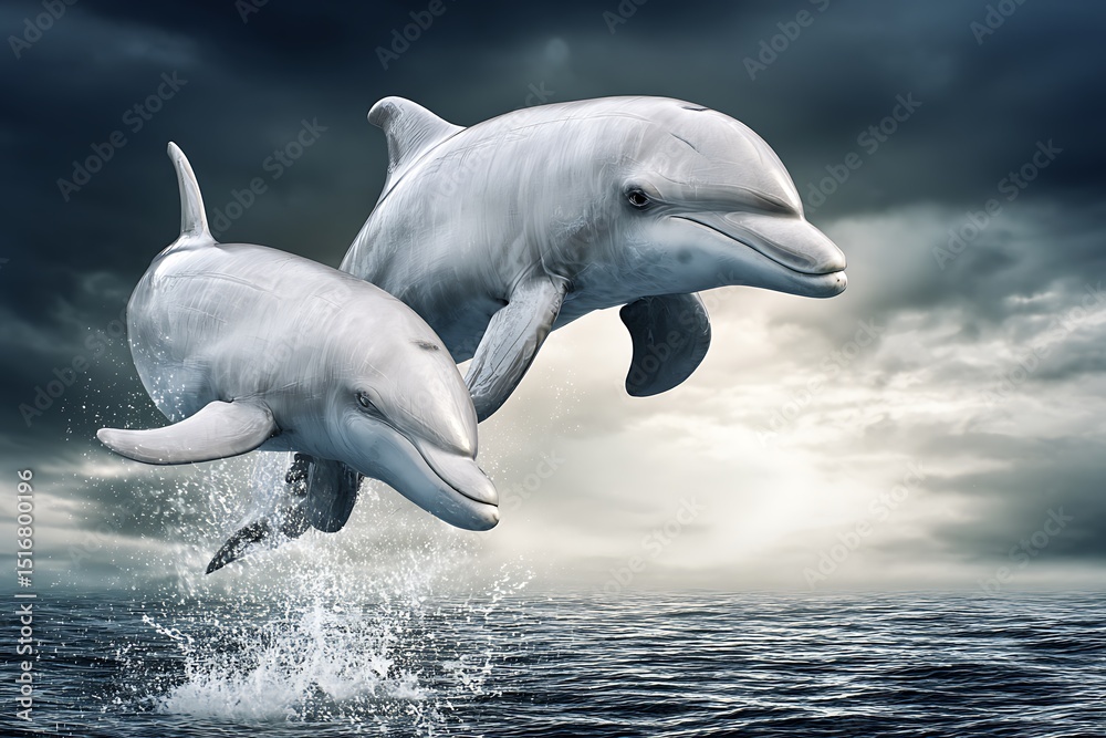 Naklejka premium Dolphins leap joyfully from ocean waves