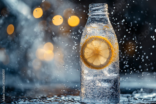 A refreshing bottle with ice cubes and lemon slices captured mid-splash, surrounded by flying droplets, evoking cool citrus freshness and a vibrant summer atmosphere.

