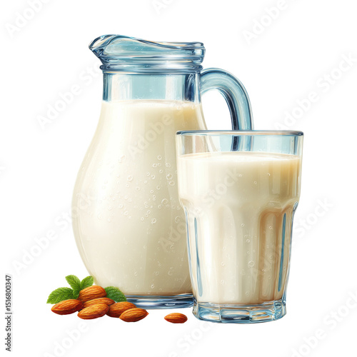 Glass and jug of almond milk with almonds and mint on transparent background