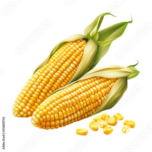 Two corn cobs with kernels on transparent background
