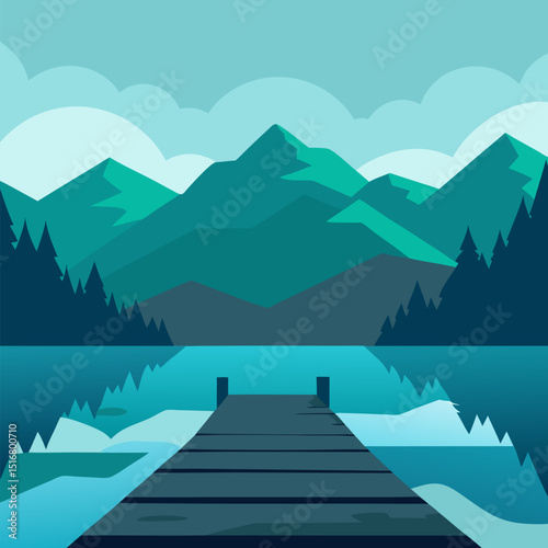 Quiet lakeside dock a wooden dock extending over a still lake, surrounded by dense forest and mountains landscape background.