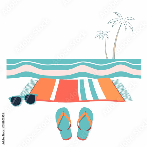 Vibrant summer retreat by the serene ocean with colorful beach mat, sunglasses, and flip-flops in a tropical paradise