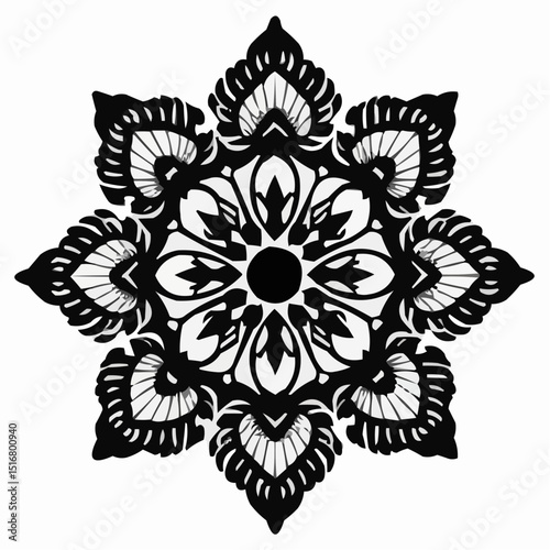 Intricate black and white mandala design showcasing symmetrical patterns and floral motifs with a central focal point