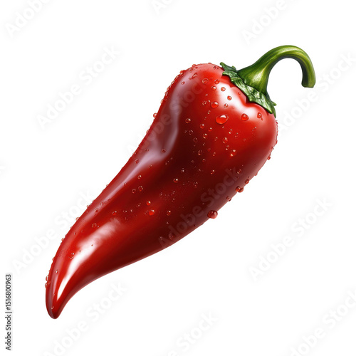 Fresh red chili pepper with water droplets on transparent background
