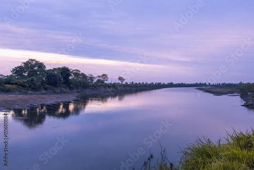 Stunning sunset view of the riven Brahmaputra in Kaziranga national park, Assam, India