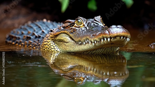 Saltwater crocodile resting in water with reflection showing