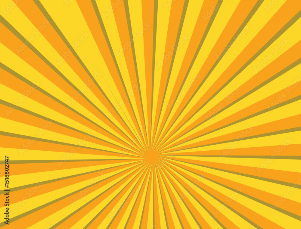 Obraz premium Yellow sun ray background. Amber yellow swirl radial beam sunrise or sunset light retro design illustration. Light sunburst glowing background.
