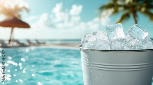 A bucket filled with ice sits next to a sparkling pool under a blue sky, perfect for conveying relaxation and refreshing summer vibes, ideal for pool or party themed visuals.