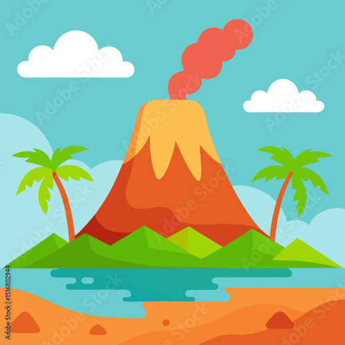 Volcanic with palm trees, river vector landscape background.