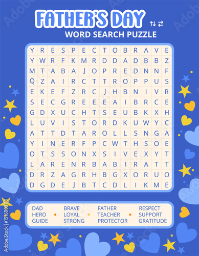 Father's Day word search puzzle game on a blue background worksheet. Printable activities for learning and development. Educational game for children and adults, learning English vocabulary