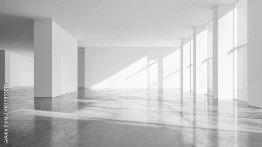 Obraz premium Empty spacious light exhibition or gallery hall with front view on blank white wall, glossy concrete floor, white ceiling and windows. 3D rendering, mockup illustration , no logos, no brands