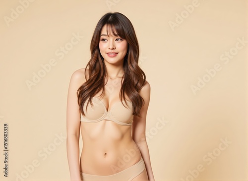 Chic woman with soft bangs showcases beige underwear set playful posture solid cream background product shoot