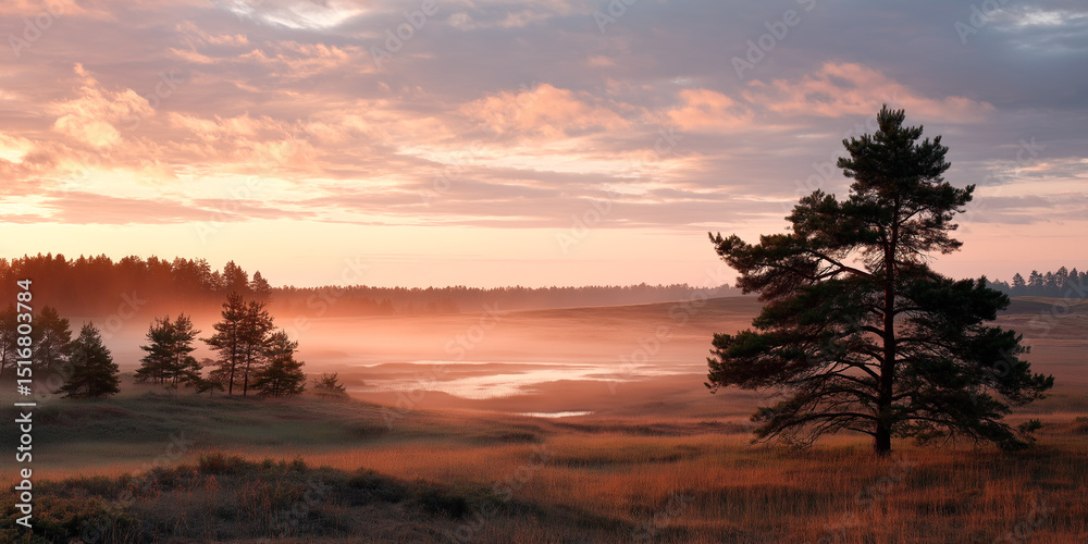 Fototapeta premium Scenic sunrise over misty marshland with lone pine tree and pastel skies