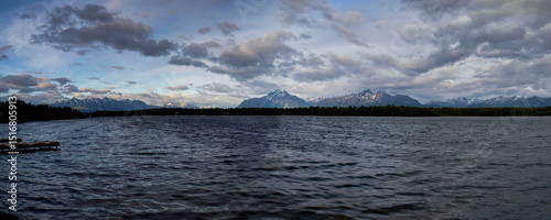 Pano of mountains behind lake in Wasilla