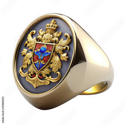 A luxurious gold signet ring featuring an ornate coat of arms, showcasing intricate detailing and vibrant colors, embodying elegance and prestige.