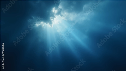 Abstract dark blue sky with light rays and a hint of smoke texture.