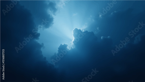 Abstract dark blue sky with light rays and a hint of smoke texture.